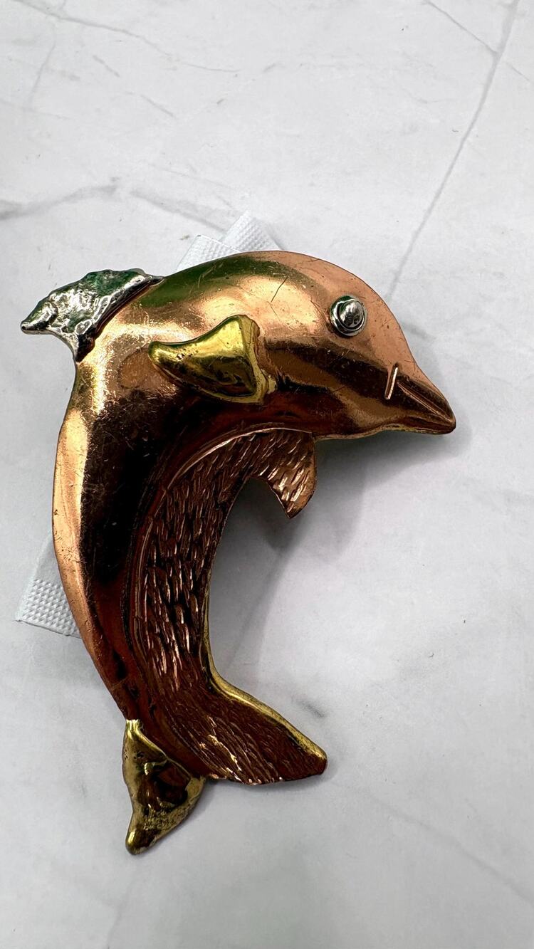 Vintage Artisan Copper Brass Leaping Dolphin Pin Pendant Combo 2 1/2" Nautical